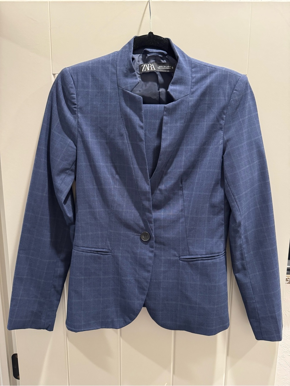 Zara Navy Windowpane One-Button Blazer